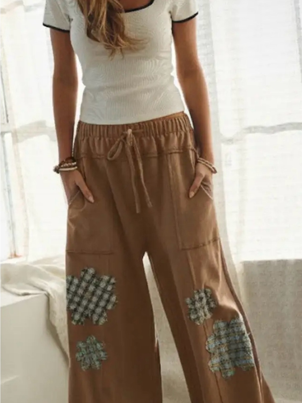 Relaxed Wide-Leg Patchwork Pants in Brown